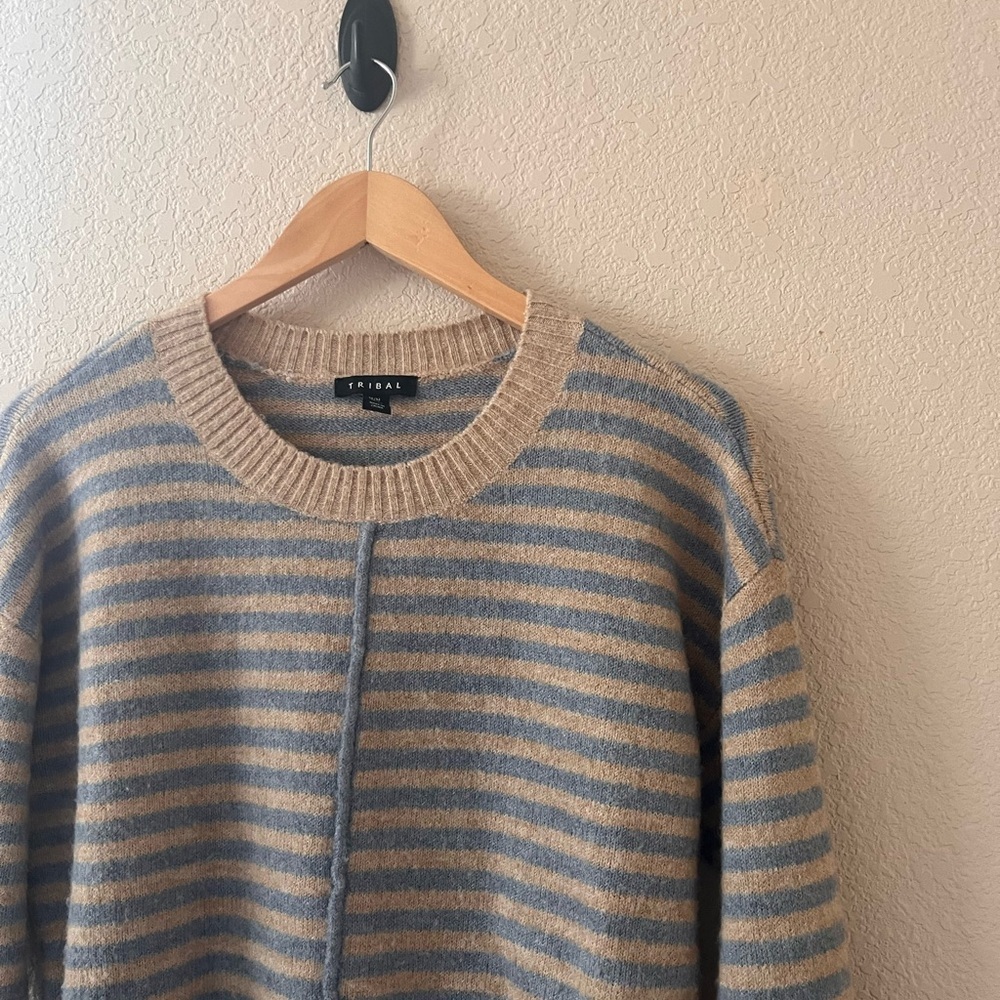 Tribal Women’s Blue and Tan Striped Crewneck Sweater - Picture 4 of 9